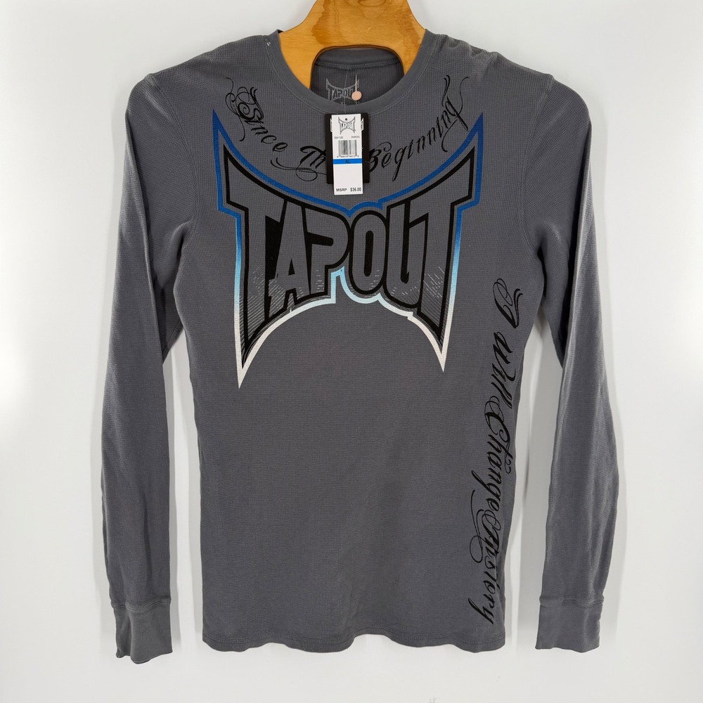 Tapout Mens Long Sleeve Thermal Shirt Charcoal Gray Graphic Waffle Knit XL NEW